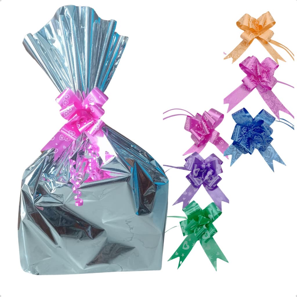 Kit 50 Saco Metalizado Presente 30X45 Com Fita Laço Facil