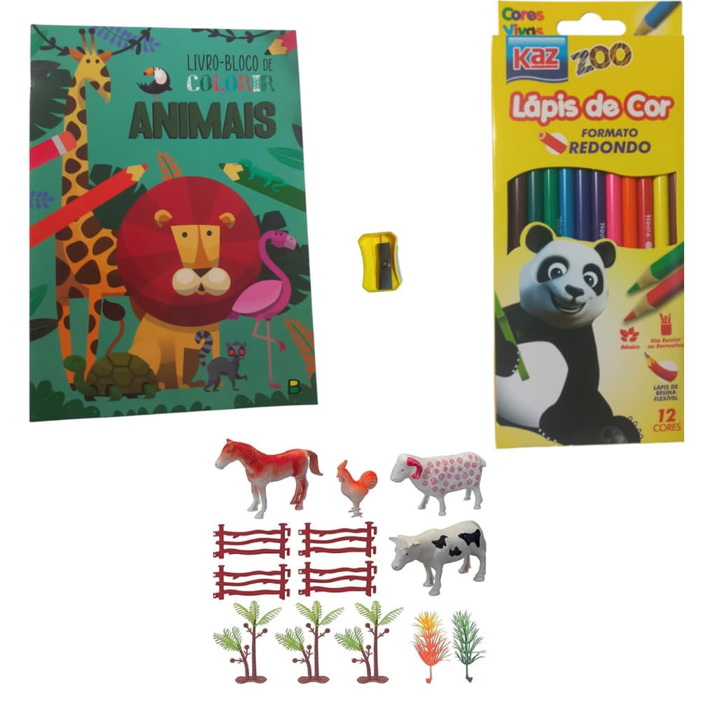 Kit Animais Pintura Colorir Infantil e Animais da Fazendinha e Lapis de Cor com Apotnador