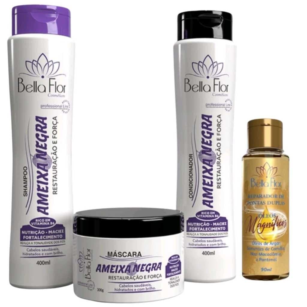Kit Capilar Ômega 3 4 Produtos Shampoo Condicionador Máscara Reparador de Pontas Bella Flor Hidratação Brilho