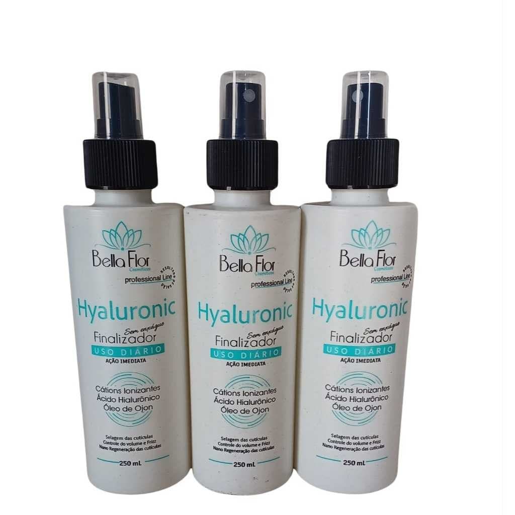 Kit 3 Spray Finalizador Hyaluronic 250ml Reparador Anti-Frizz Sem Enxágue Bella Flor Controle de Volume Uso Diário