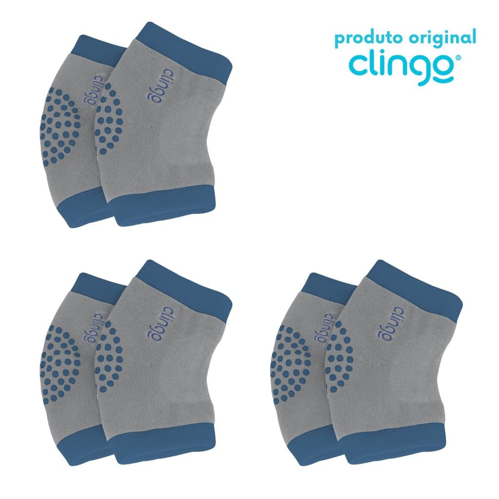 3x Joelheira Antiderrapante Clingo Azul/Cinza - Proteção Confortável para o Bebê Engatinhar