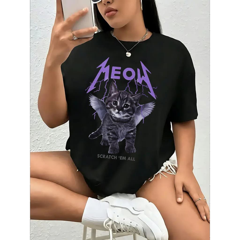 Camiseta Meow Banda De Rock Gato Cat Camisa Blusa Unissex Masculino Feminino Streetwear Várias Cores Preto Branco