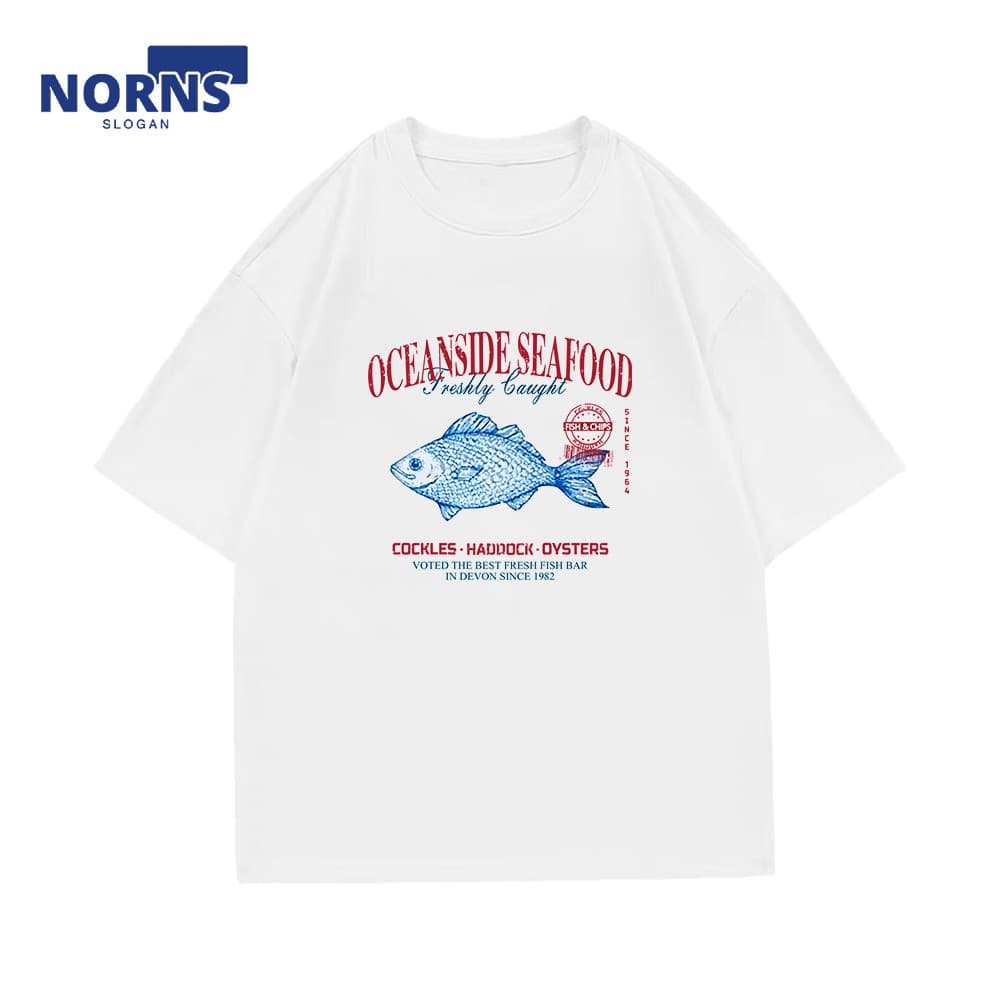 Camiseta Casual "Oceanside Seafood" Estampa Vintage Unissex Masculina Feminina Algodão
