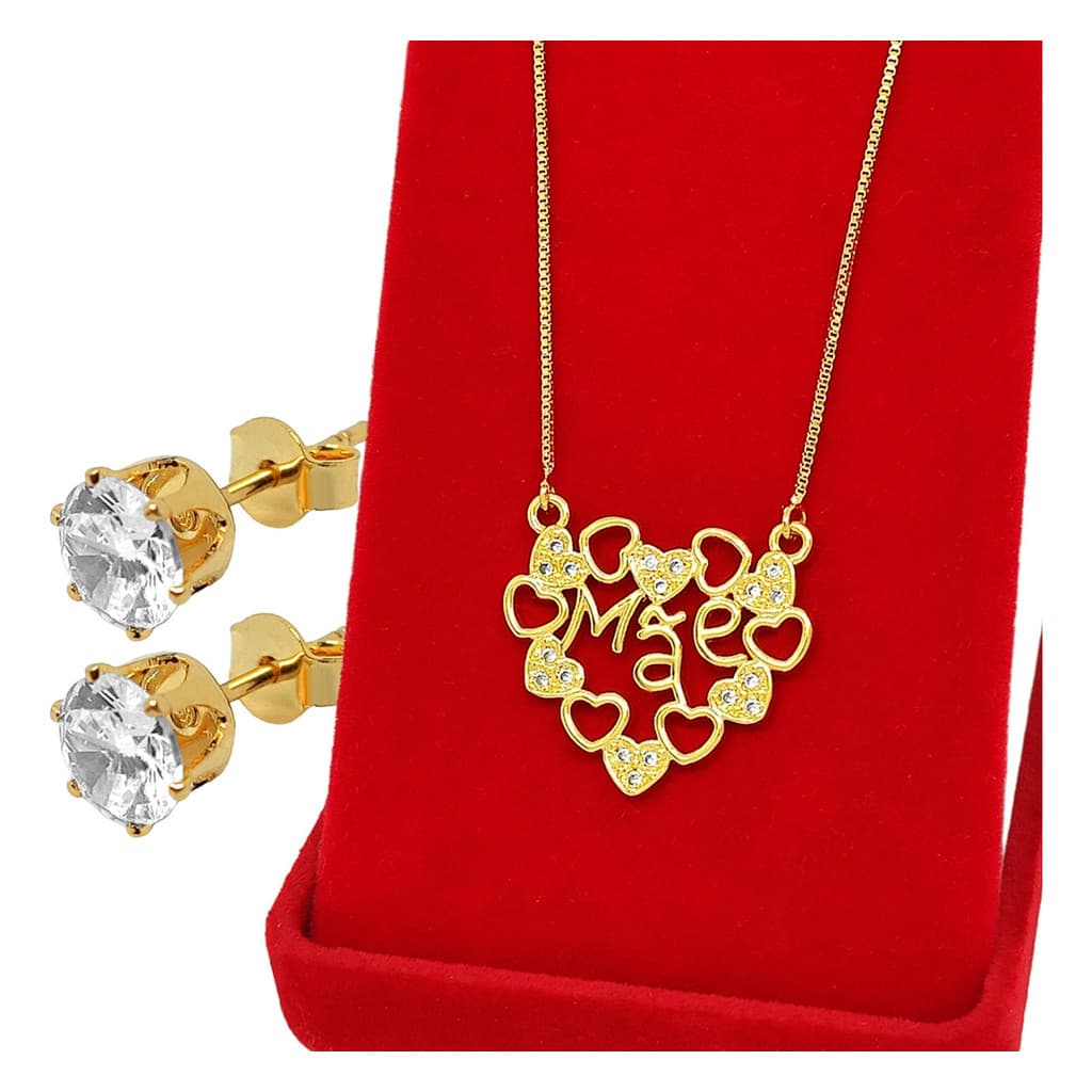 Conjunto Colar Cravejado Mãe Zircônia Lindo Folheado Brincos
