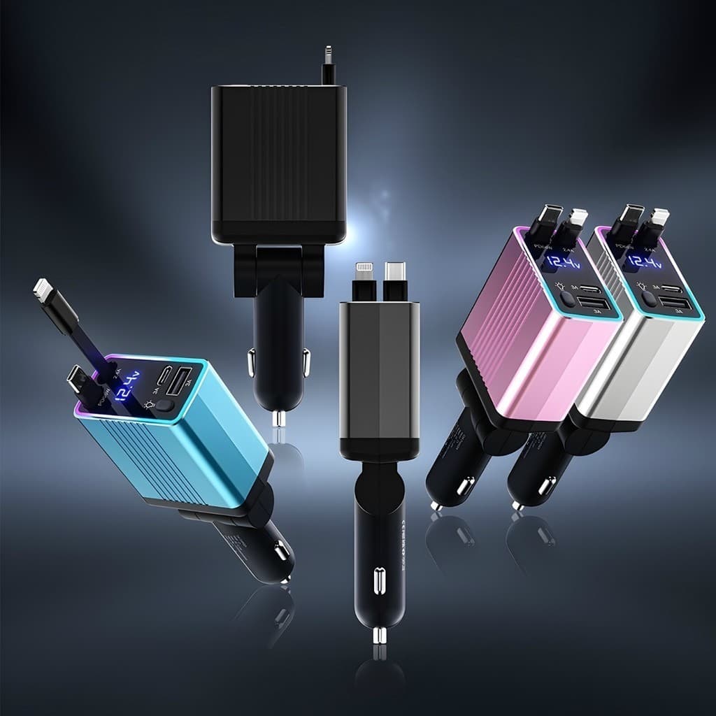Carregador de carro retrátil carregador rápido de para carro 4 em 1 para iPhone/Android com luz LED Ming