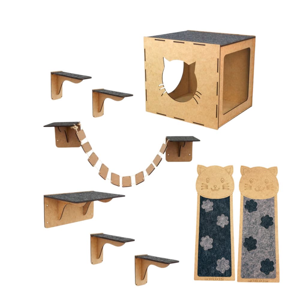 Kit Playground Completo 9 Peças para gatos Mdf Nicho prateleira degrau Arranhador Parede De Gatinhos