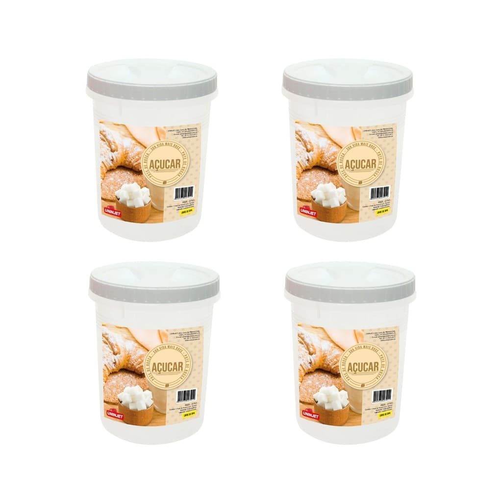 Kit 4 Potes Redondos Plásticos Com Tampa De Rosca Para Açúcar Branco 2L