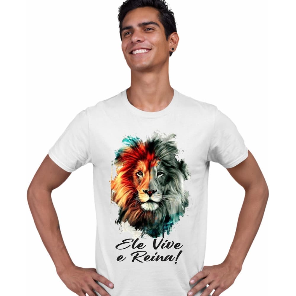 Camisa Ele Vive E Reina Leão De Judá Fé Gospel Evangélica