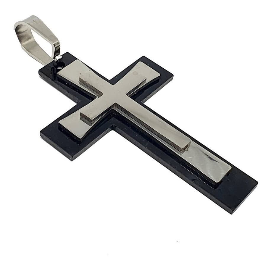Pingente Crucifixo Cruz Grande Em Alto Relevo Aço E Preto