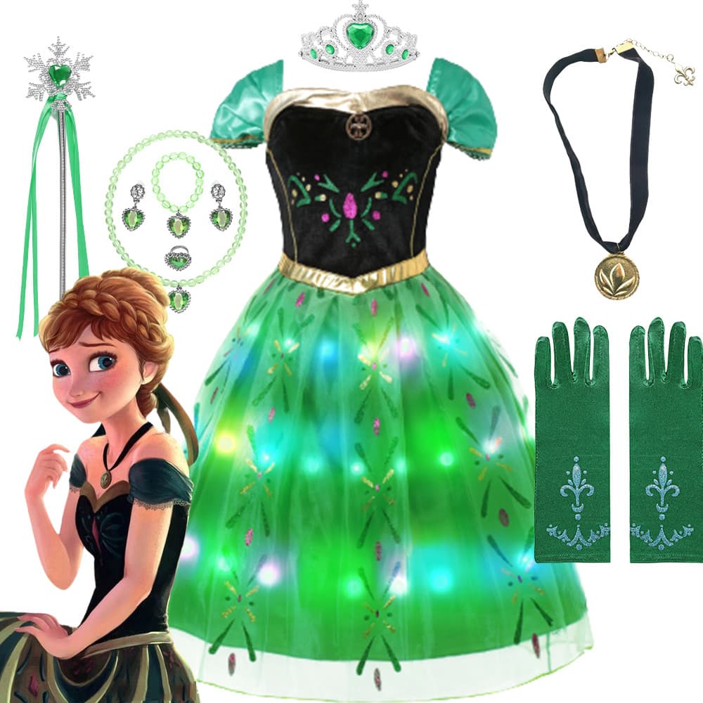 Frozen Meninas Anna Vestido De Princesa Luz LED Cosplay Traje Para Crianças Criança Aniversário Carnaval Trajes Festa