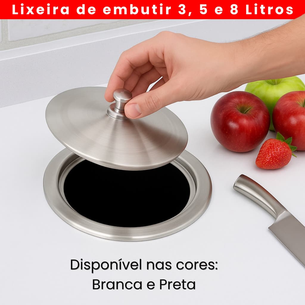 Lixeira de Embutir Cozinha Inox 3L 5L 8L Tampa Alumínio Embutida Gourmet Casa Prática Durável
