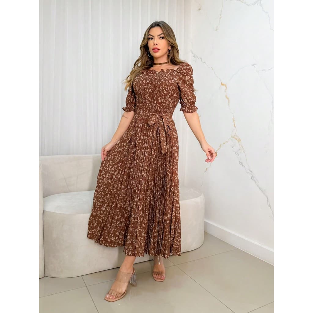 Vestido Elegante Estampado Festa Manga Moda Feminino Floral Plissado  Verão