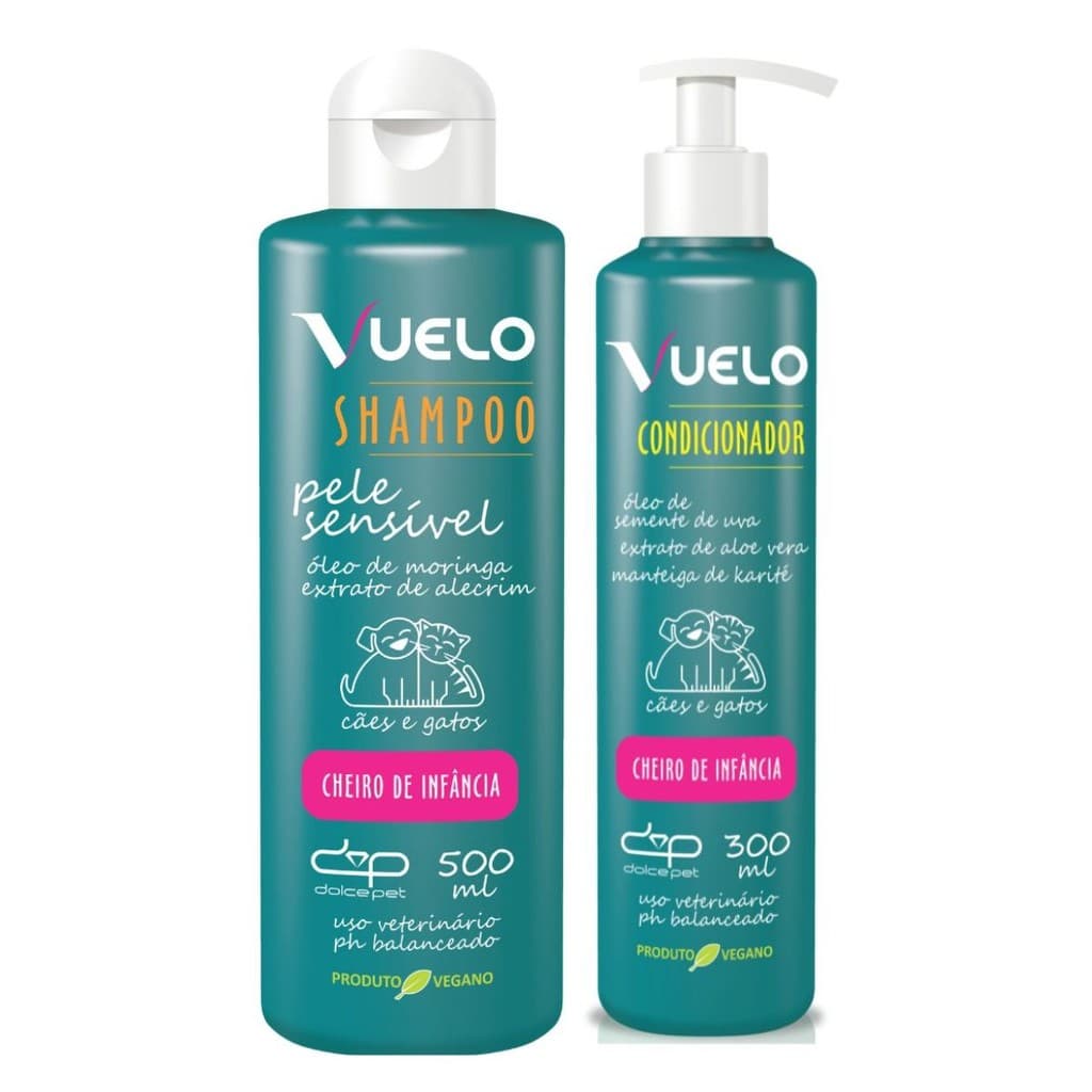 Kit Vuelo Shampoo Pele Sensível + Condicionador Cheiro de Infância para Cães e Gatos