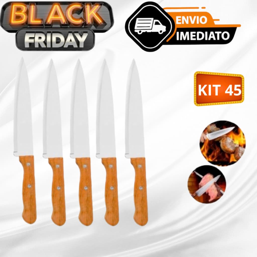 Kit 45 Faca De Cozinha Inox Profissional 7 Do Chef Cabo Madeira 30,1CM