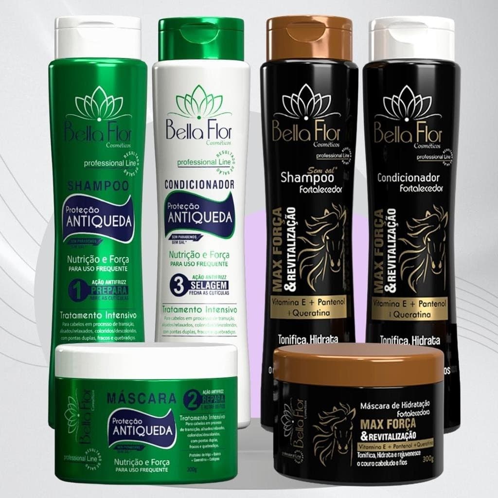 2 Kits Capilares Anti-Queda e Força 6 Produtos Shampoo Condicionador Máscara Bella Flor Fortalecimento Brilho