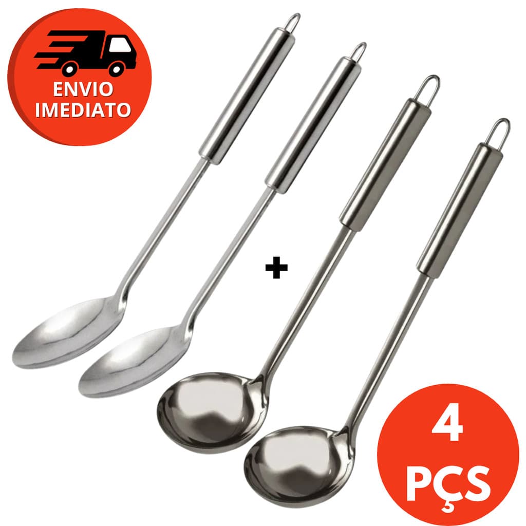 Kit 04 Pçs Colher De Arroz  E Concha Feijão Caldos Molhos Utensílio Cozinha Inox Bar Restaurante