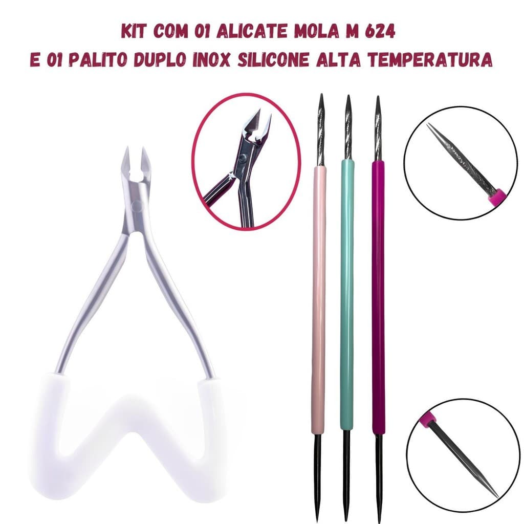 Kit com 01 Alicate de Cutículas Mola M 624 Delicate e 01 Palito Duplo Inox - Kit Manicure