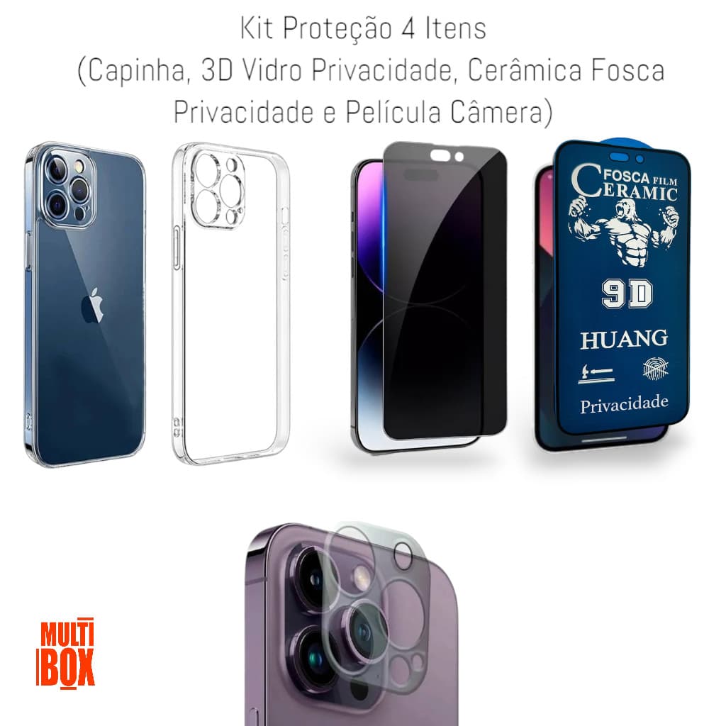 Kit 4EM1: Capa + Película Fosca Privacidade + Película 3D Vidro Privacidade + Película Câmera P/ Iphone 14 PRO