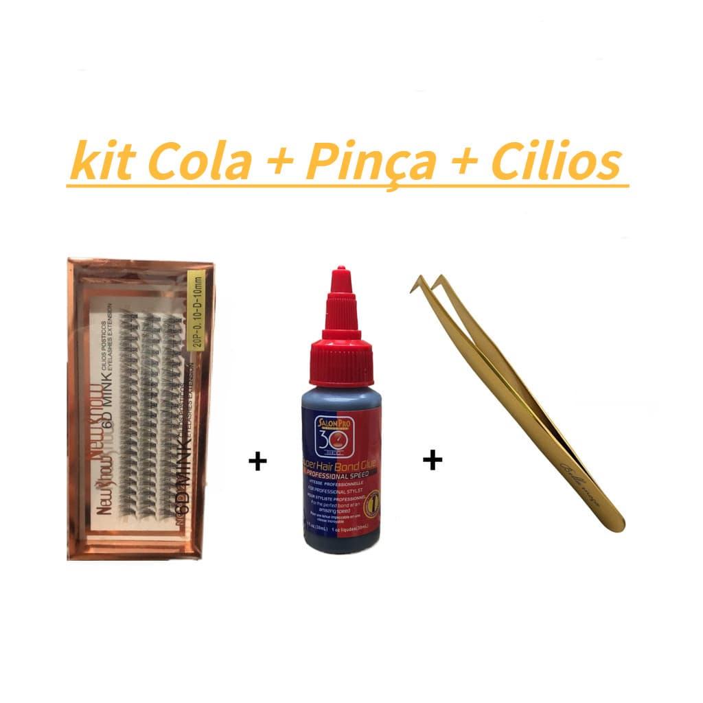Cílios New Show Tufo 10mm + Cola Salon Pro Exclusives + Pinça P/Cílios (S16)