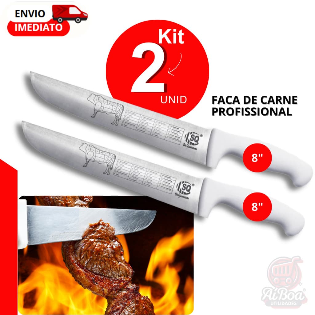 Kit 2 ou 1 unid - Faca Inox Profissional 8" Para Carne Churrasco Cozinha Chef Afiada