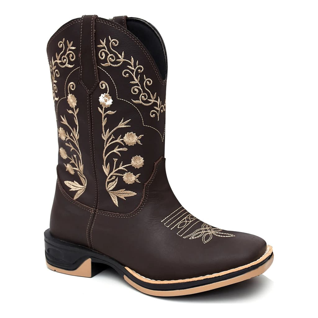 Bota Texana Feminina Flores Bege Country Em Couro Legítimo Sola Jump