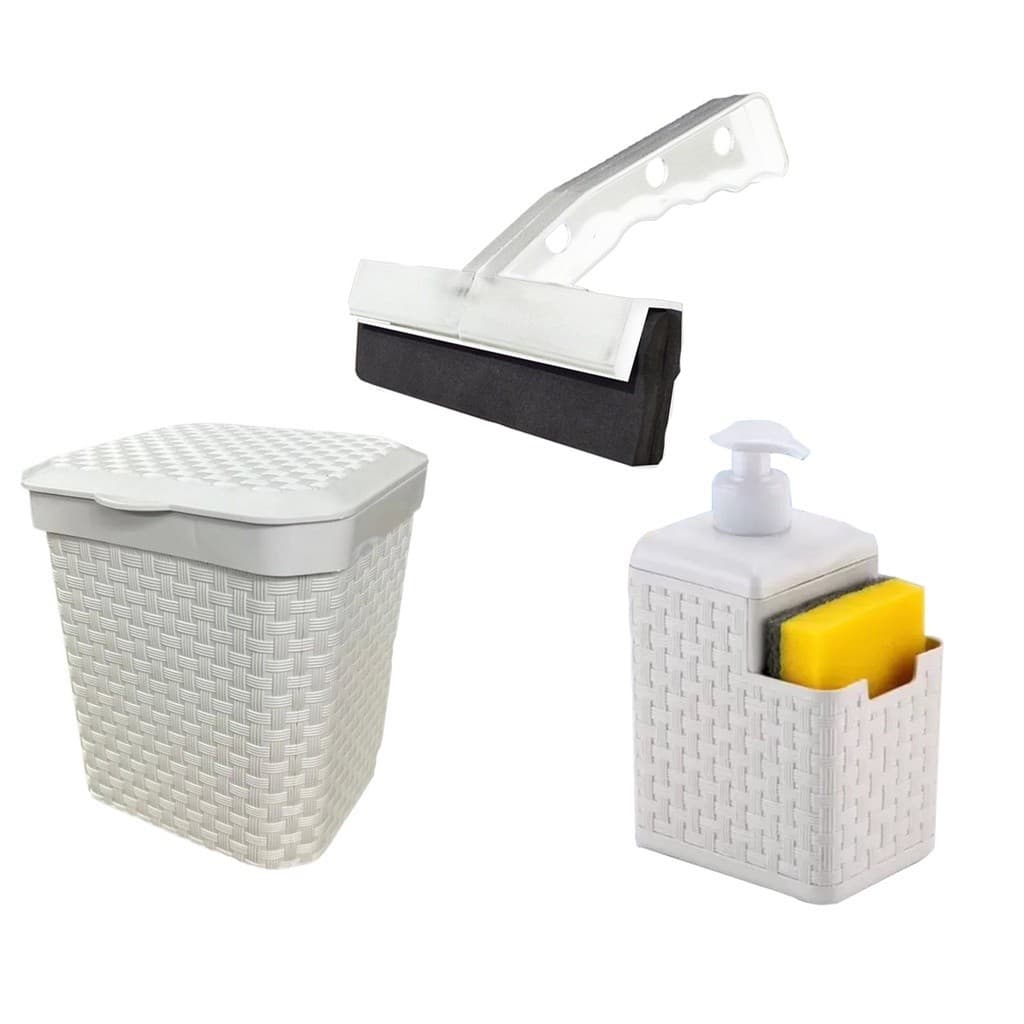 Kit Completo Pia Cozinha Branco Escorredor Louça Lixeira 5L e Porta Detergente