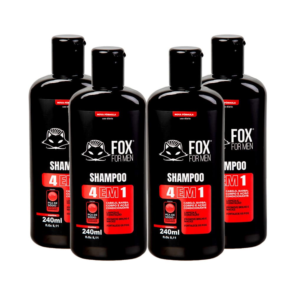 Kit 4 Shampoo 4 Em 1 240ml Fox For Men - Cabelo Barba Corpo Extrato Mandioca