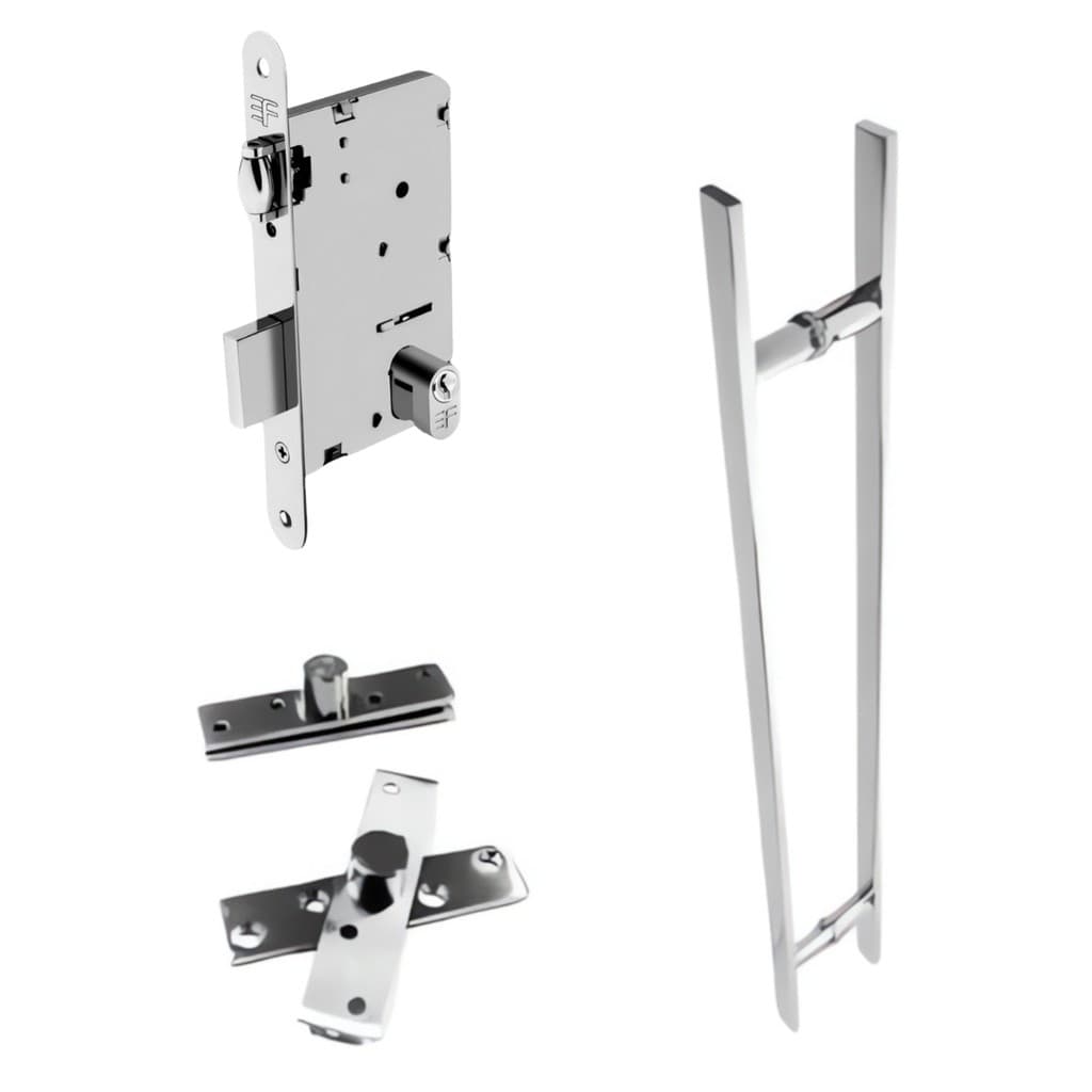 Puxador Inox Barra Chata 80cm + Fechadura Rolete e dobradiça