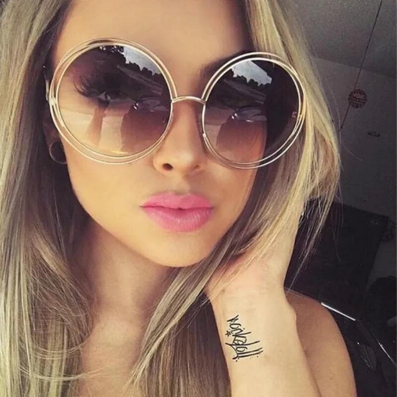 Vintage Redondo Tamanho Grande Lente De Grandes Dimensões Espelho Óculos De Sol Feminino Armação De Metal Senhora Legal