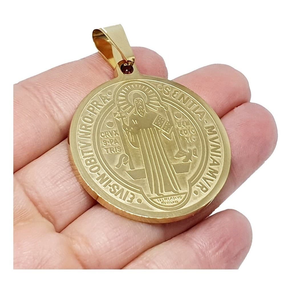 Pingente Medalha De São Bento Dupla Face Aço Folheado A Ouro