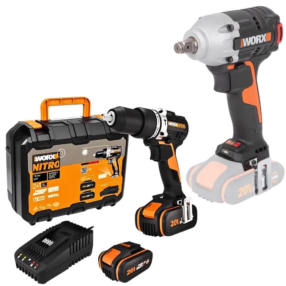 Chave de Impacto 1/2 POL + Furadeira de Impacto 1/2 POL 2 Baterias e Carregador Bivolt WX272.9 WORX