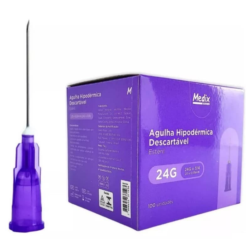 Agulha Hipodérmica Descartável 20x0,55mm (Roxa) Caixa C/100 - Medix