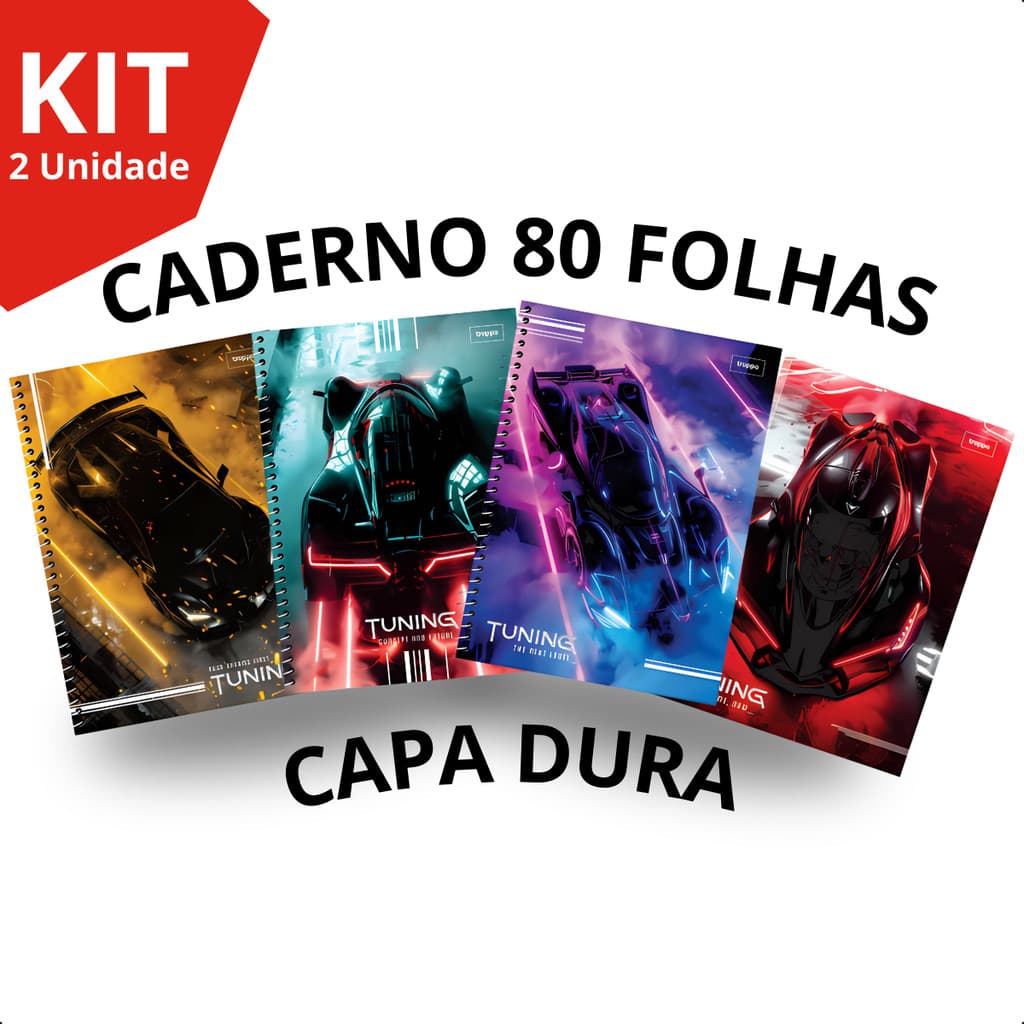 Kit 2 Cadernos Capa Dura Carro de Corrida 80 folhas 1 Matéria Escolar Infantil Menino Masculino