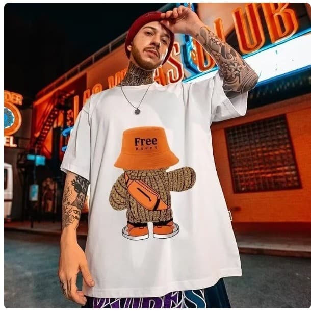 Camiseta Streetwear Happy Bear , Estilo de Rua Algodão