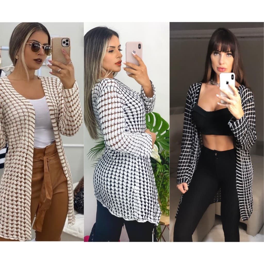 Cardigan Kit 3 Unidades Kimono Blusa Feminina Cardigan Tricot Preto, Branco ou Marfim