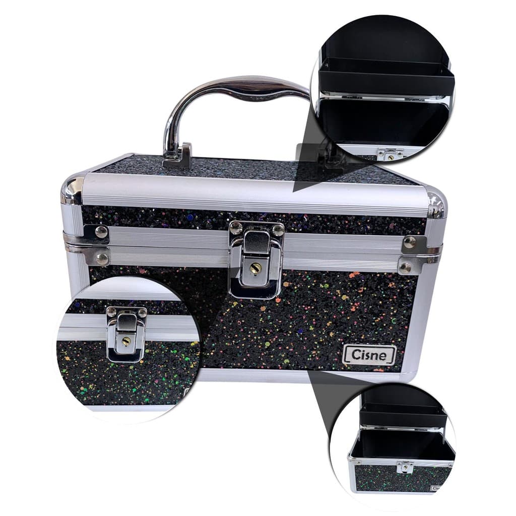 Maleta de Maquiagem Cisne Linha Shine Preto Glitter e Prata Csn-5120B
