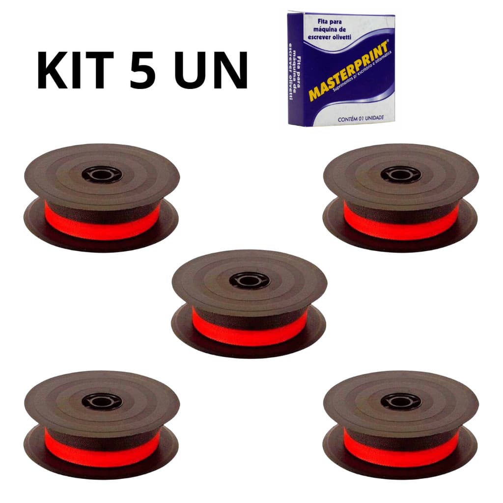 Kit 5  Fita Máquina de Escrever Olivetti Nylon PVF 40001 Preta Vermelha Masterprint