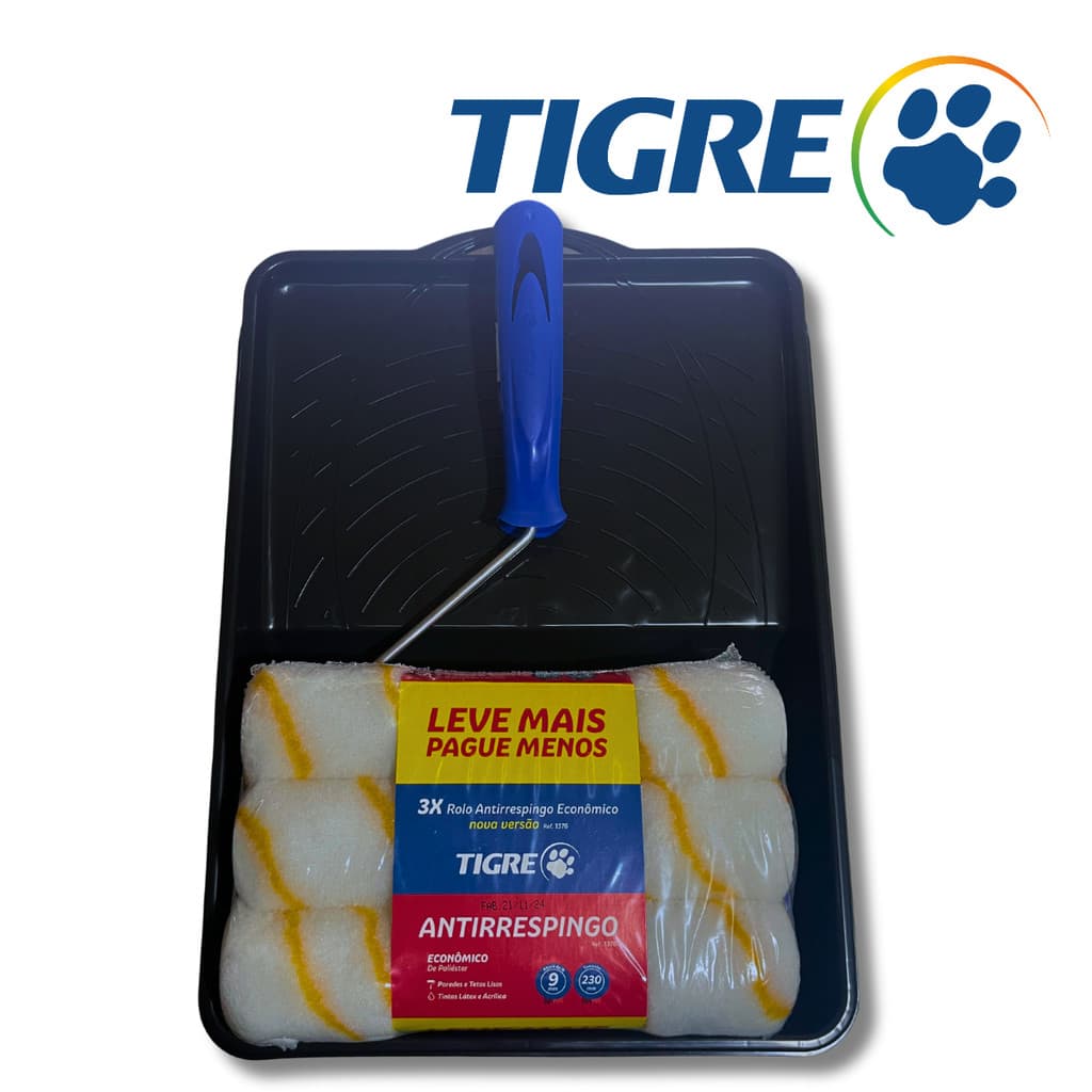 Rolo de Pintura Antirespingo+ Suporte p/Rolo+ Bandeja Preta 23cm Kit de Pintura 3UN de Rolo Antigota