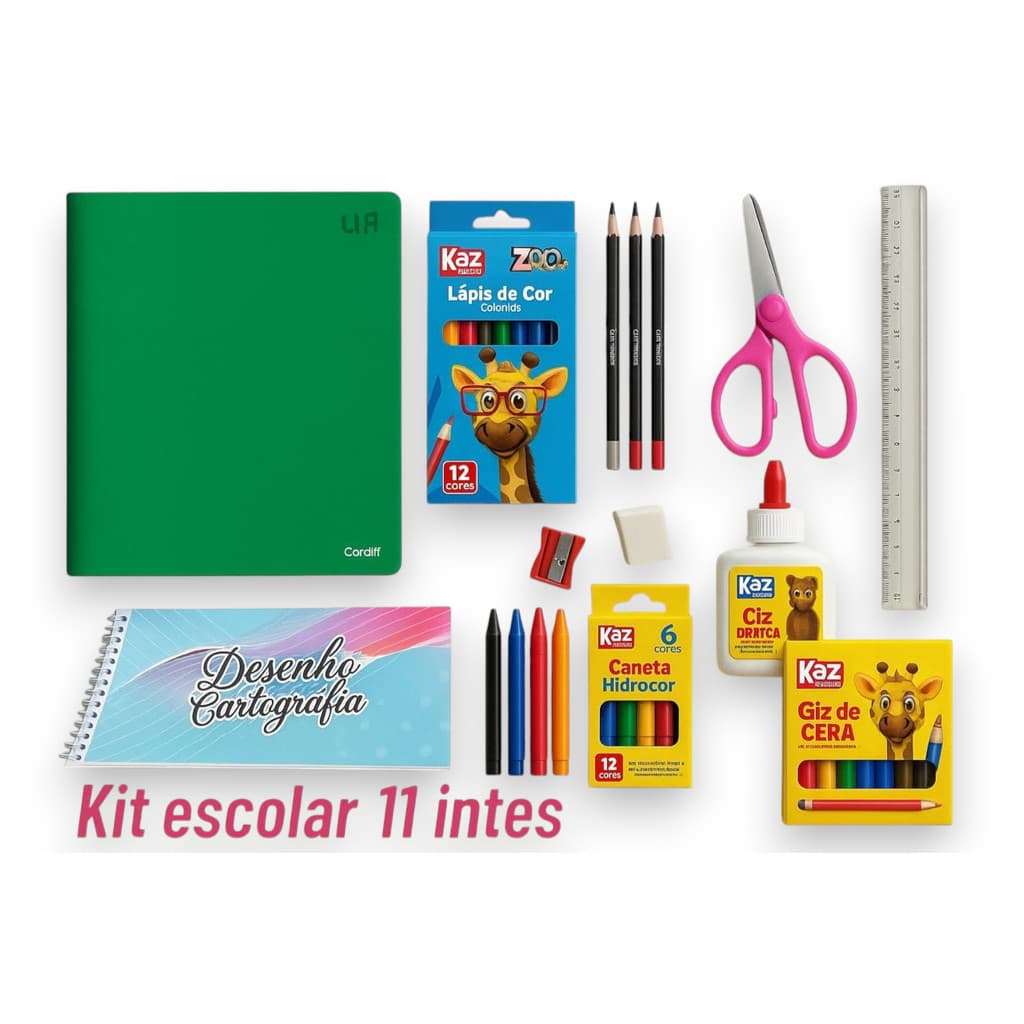 Kit Lista Escolar Material Completo Caderno Lápis de Cor Borracha Cola Giz-kaz - Menino Menina