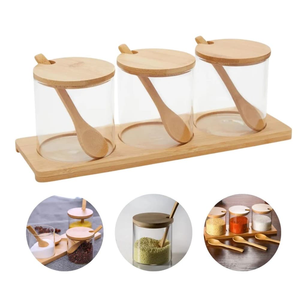 Kit Jogo 3 Potes De Vidro Condimento Bambu Colher Suporte