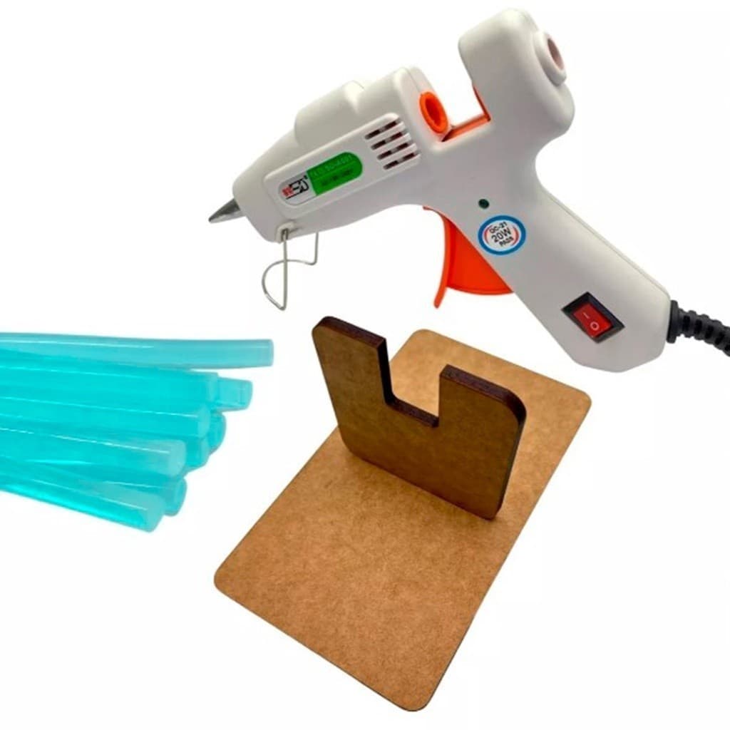 Pistola De Cola Quente com 10 Bastões  e 1 Suporte em MDF Bivolt 110 / 220v Botão Liga e Desliga