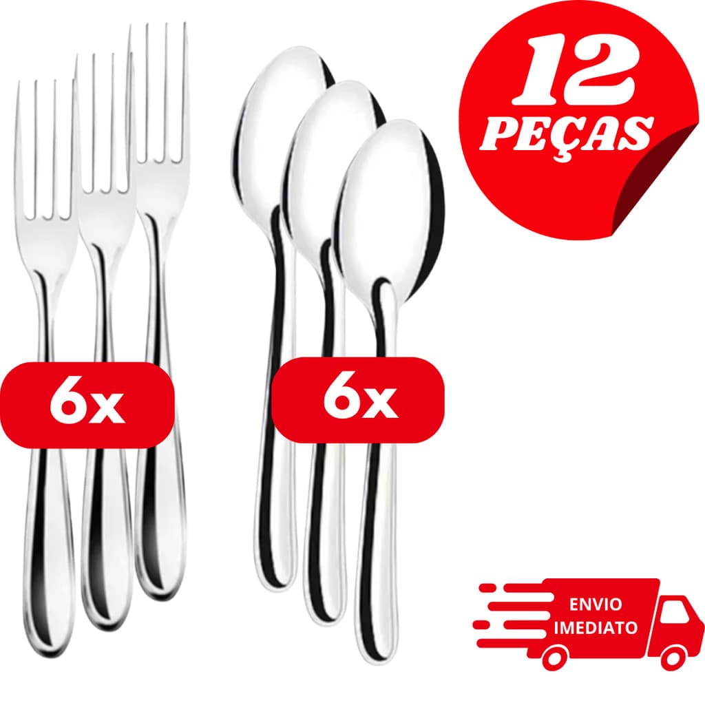 Kit Talheres Inox 12 Peças – 6 Garfos e 6 Colheres de Mesa | Aço Inoxidável Resistente