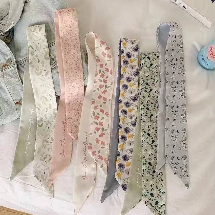 Lenço de seda floral estilo francês para primavera e verão, adequado para amarrar o cabelo, como fita para o pulso, lenç