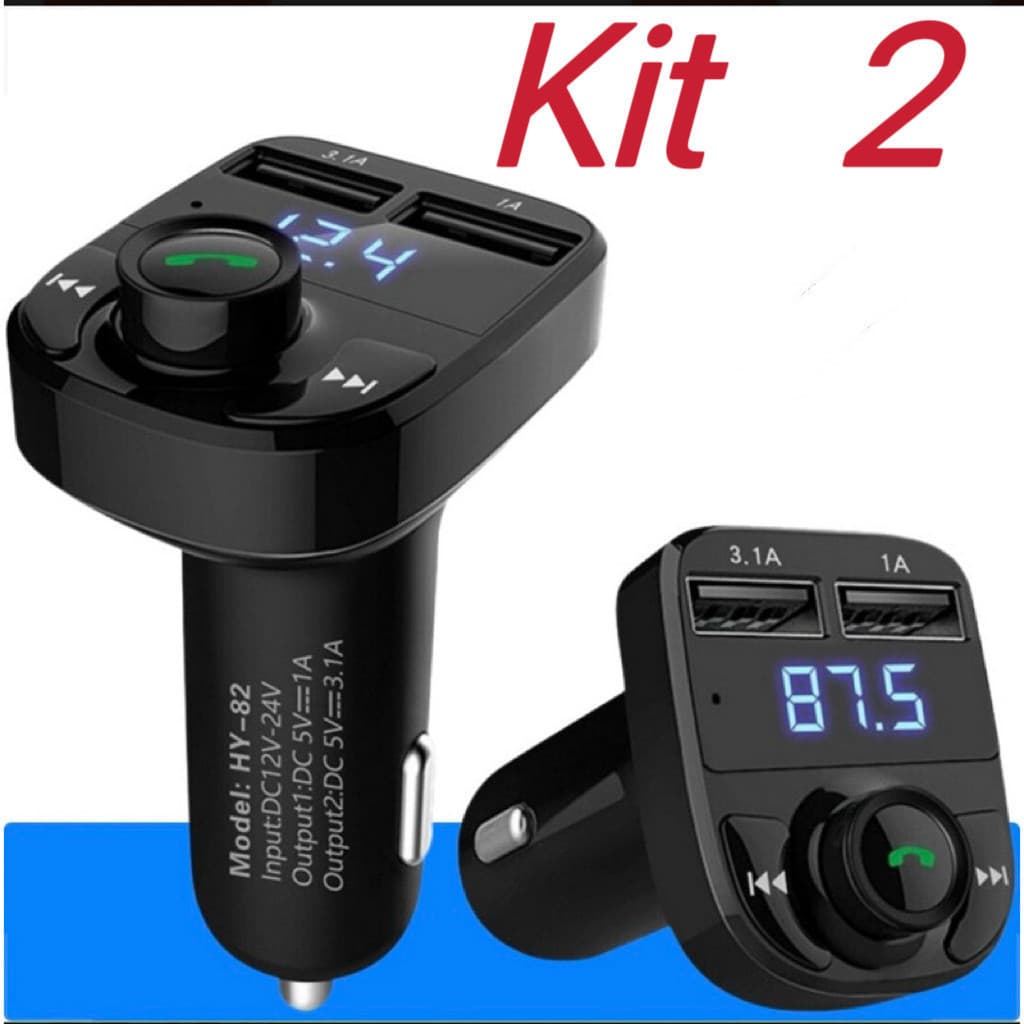 Kit 2 Carregador de Carro Transmissor FM Bluetooth Rádio Mp3 para Carro
