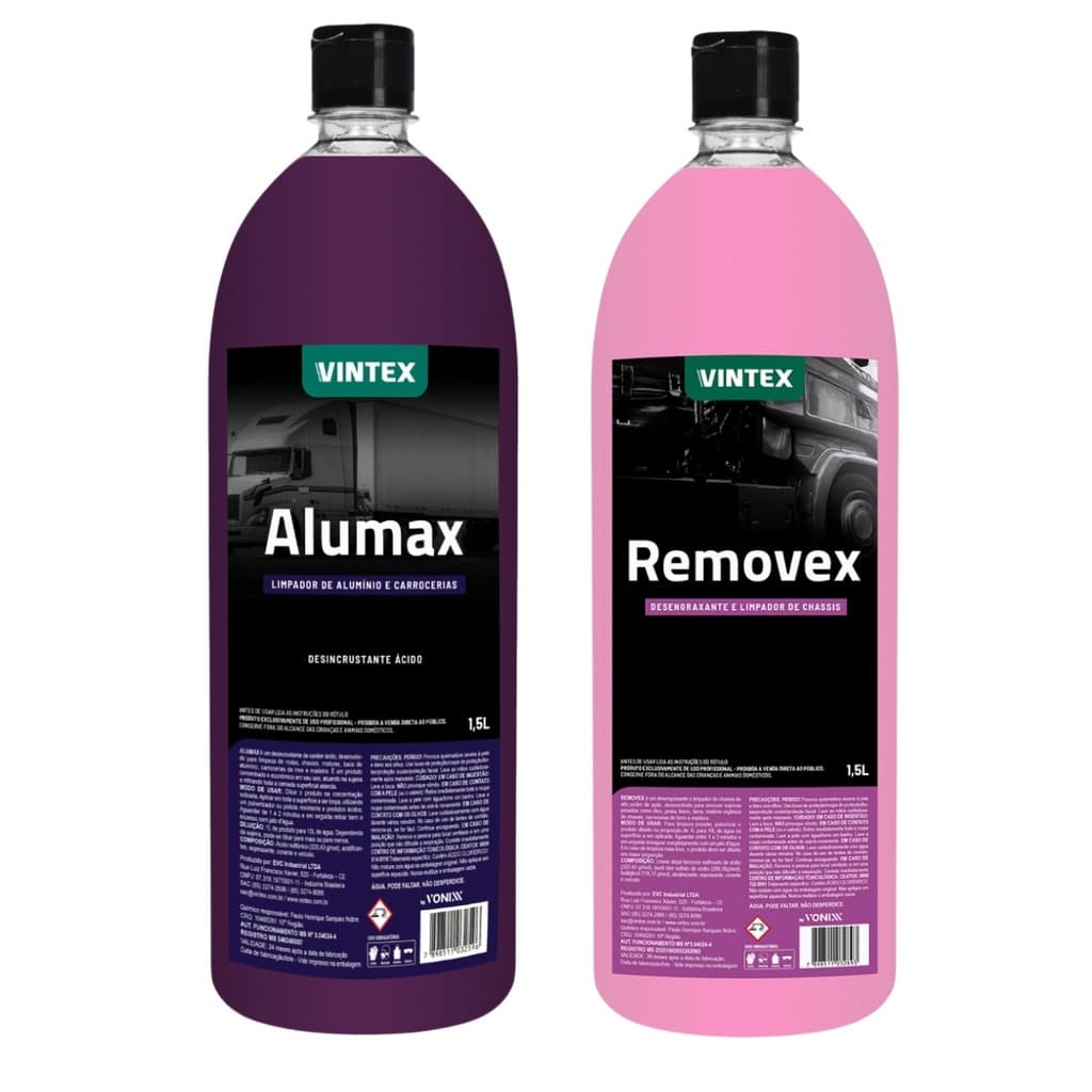 Alumax 1,5l + Removex 1,5l Vintex Vonixx Desengraxante e Desincrustante Limpa Carrocerias Alumínio