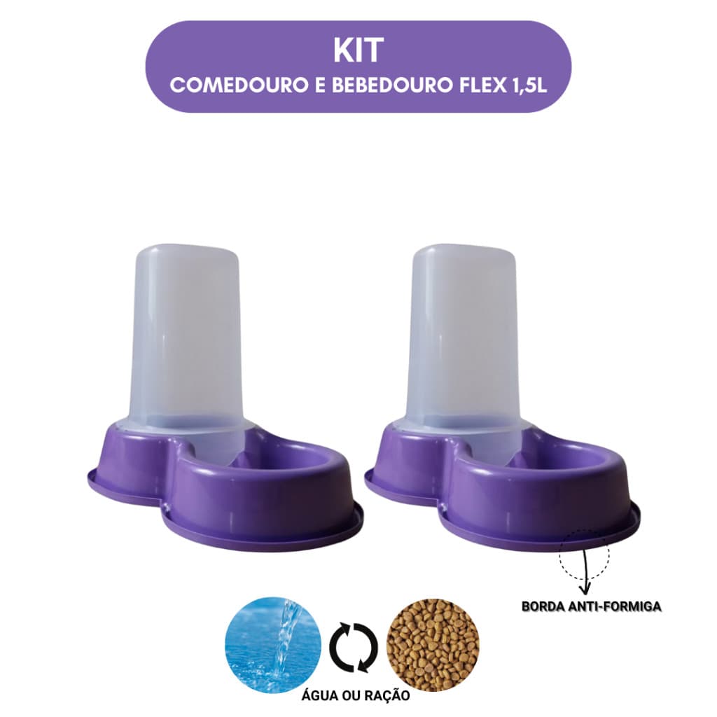 kit Comedouro + Bebedouro Pet Automático Flex 1,5L Ração +1.5L Água - Para Cães e Gatos