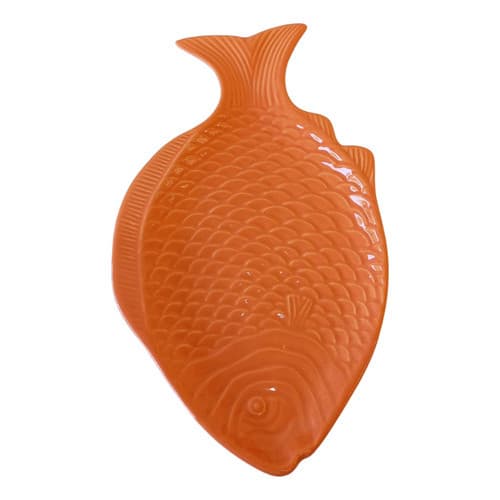 Travessa Peixe Petisqueira Esmaltada Cerâmica Sombreado Cor Laranja