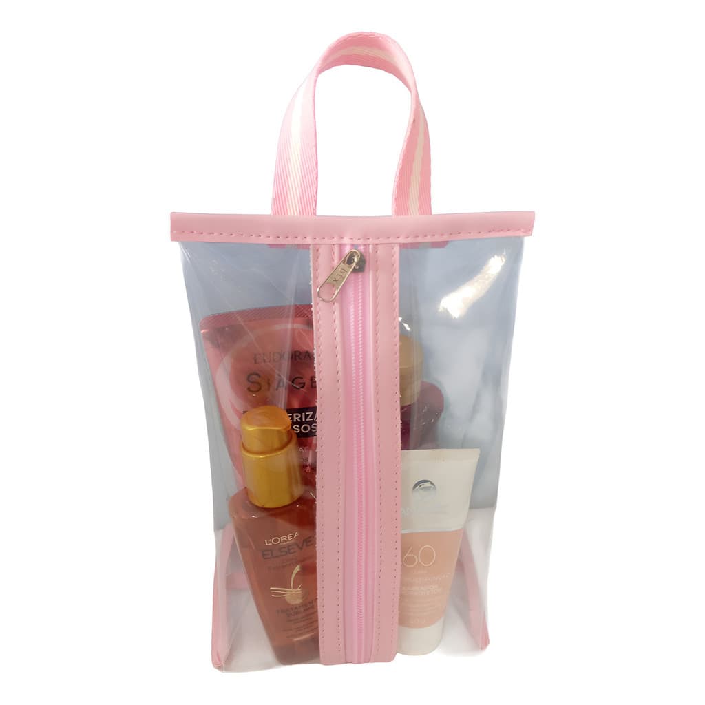 Nécessaire Feminina, Transparente porta shampoo, cosméticos perfumes cores rosa, preto,verde