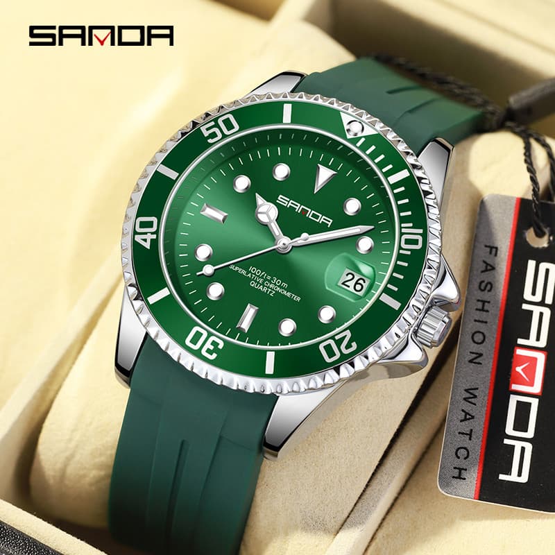 Sanda Novo Relógio De Quartzo 7018 Calendário Verde Fantasma Moda Casual Silicone Masculino