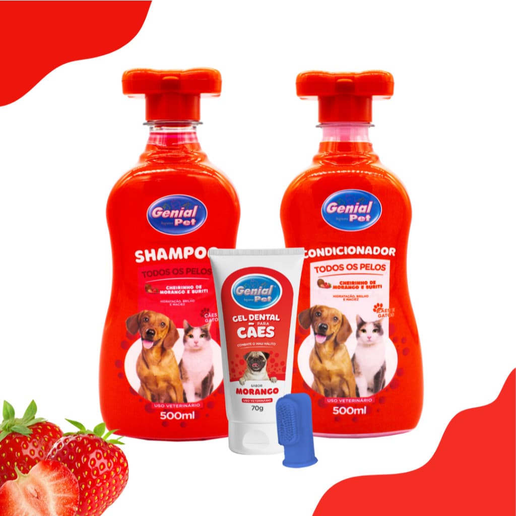 Kit Shampoo Pet e Condicionador 500ml + Gel Dental De Morango Genial Pet